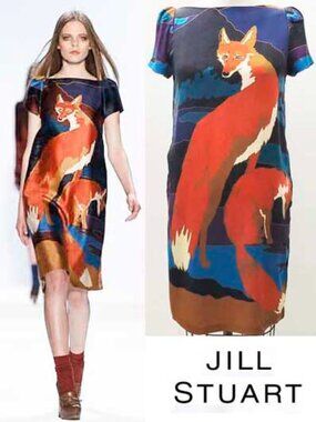 Jill Stuart Collection Women's RARE Stretch Silk Fox Print Blue Orange Dress 6